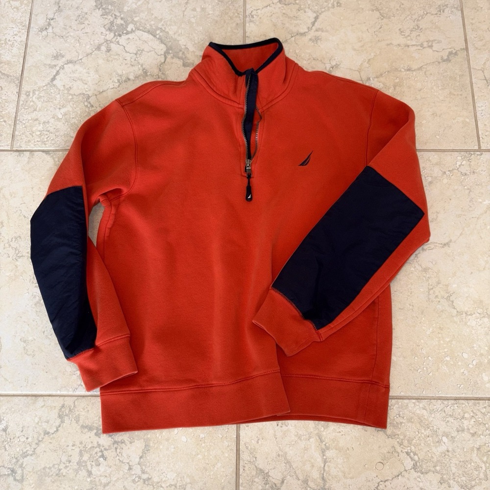 Nautica 1/4 Zip Sweater Mens Size Large Orange Navy Preppy Academia
